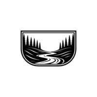 Serene Woodland Stream Emblem, Minimalist Landscape vector