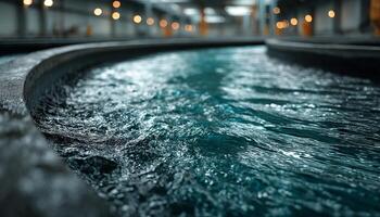 Water flowing in curved industrial tank with blurred background lights creating calm and focused atmosphere photo