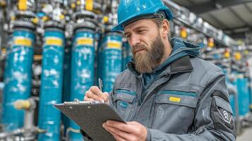 Industrial engineer inspecting water filtration system with clipboard in factory, focused and attentive worker in safety helmet photo