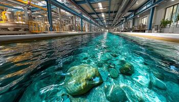 Clear water flowing over rocks inside large industrial water purification facility with metal pipes and bright lighting photo