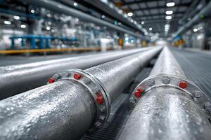 Industrial metal pipes with red bolts in large factory setting, conveying sense of scale and precision engineering photo