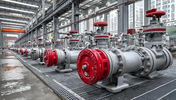 Industrial water pumps with red valves in large factory setting, showcasing modern equipment and clean environment photo