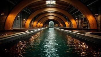 Indoor water treatment facility with wooden arches and reflective water surface under warm lighting photo
