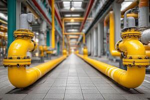 Yellow industrial pipes and valves in water processing system inside factory corridor with metal structures and tiled floor photo
