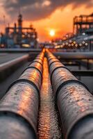 Industrial pipes reflecting sunset photo
