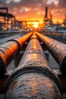 Pipes reflecting sunset in industrial setting photo