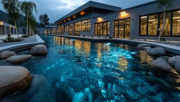 Modern building exterior with illuminated windows reflecting on clear blue water pool surrounded by rocks and trees at dusk photo