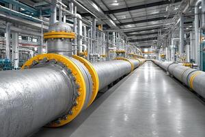 Industrial water processing system with large metal pipes and valves in clean factory environment photo
