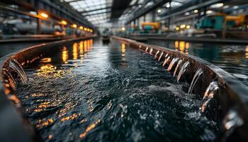 Sedimentation tank close up with flowing water and industrial plant background showing water treatment process in action photo