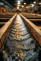 Water flowing through narrow channel in industrial setting with warm lighting reflections creating dynamic and textured surface photo