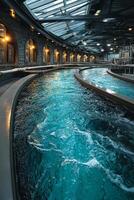 Indoor water treatment facility with flowing water and industrial pipes under glass ceiling lights photo