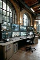 Control room with multiple monitors showing surveillance footage industrial building with large arched windows and wooden photo