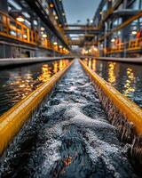 Industrial water flow with reflections and bubbles photo