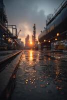 Sunset at oil refinery with water reflections photo