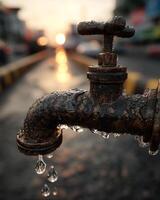 Rusty faucet dripping water at sunset photo