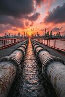 Industrial pipes at sunset over water photo