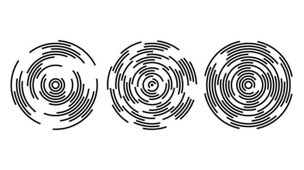 Concentric circle segments set. Rippled round patten background. Sonar or sound wave rings collection. Epicentre, target, radar icon concept. Radial signal or vibration elements. vector