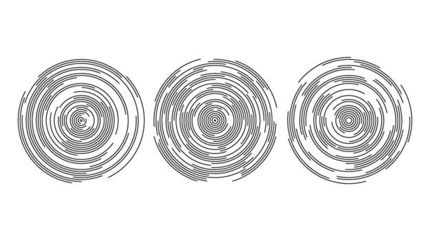 Concentric circle segments set. Rippled round patten background. Sonar or sound wave rings collection. Epicentre, target, radar icon concept. Radial signals. Vibration elements. vector