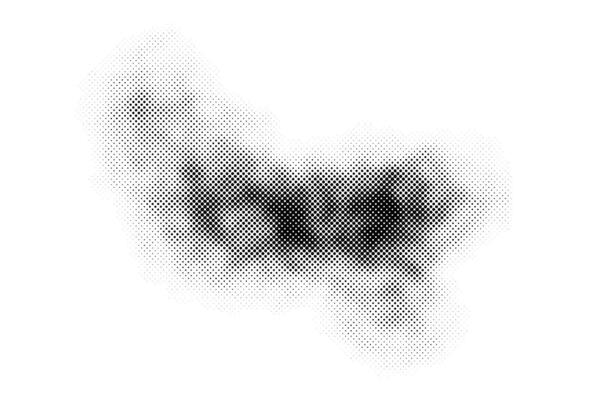 Halftone smoke texture. Black and white dotted fog cloud background. Comic and pop art style design element. Monochrome grunge wallpaper