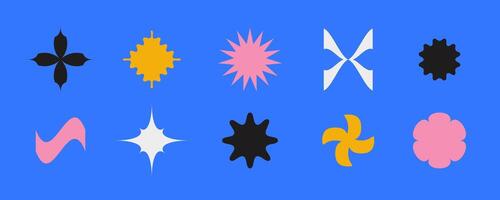 Geometric primitive shapes collection. Abstract stars and flowers forms set in Swiss or bauhaus style. Memphis elements pack for poster, banner, collage. signs. vector