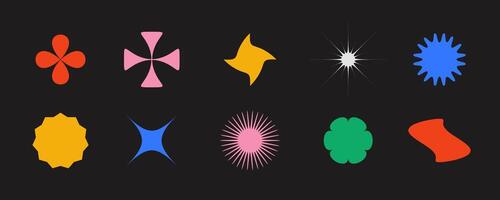 Primitive geometric shapes collection. Abstract stars and flowers forms in Swiss or bauhaus style. Brutalist elements set for poster, banner, collage, icon, logo. modern forms or signs. vector