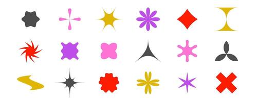Abstract stars, flowers, waves, crosses shapes collection. Primitive geometric forms set in Swiss, bauhaus or Memphis style. Brutalist elements pack for poster, banner, collage. Signs bundle. vector
