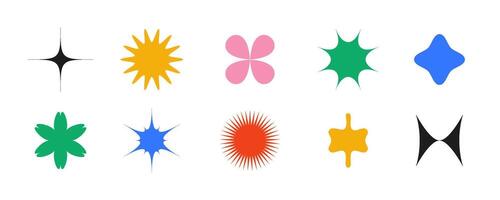 Geometric primitive shapes collection. Abstract stars and flowers forms set in Swiss or bauhaus style. Memphis elements pack for poster, banner, collage, sign vector