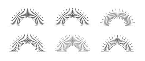 Half circle sunburst frame set. Sunrise and sunshine rays symbols pack. Radial light rays collection. Retro sun beam shape. Design elements for logo, label, badge, poster. vector