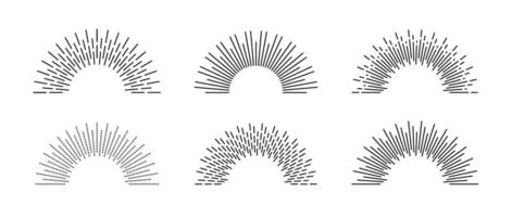 Half circle sunburst frame set. Sunrise and sunshine rays symbols pack. Radial light rays collection. Retro sun beam shape. Design elements for logo, label, badge, poster vector