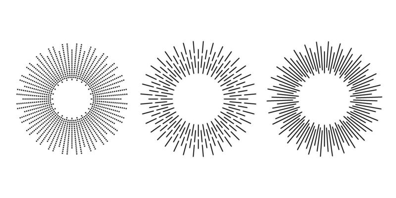Sunburst frames set. Retro sun light ray element collection. Vintage radial rays, sunbeams, firework or explosion for emblem, logo, tag, stamp, banner.
