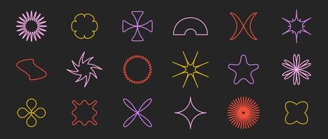 Outline stars, flowers, crosses shapes set. Primitive linear geometric forms collection in Swiss, bauhaus, Memphis style on dark background. Element bundle for poster, banner, collage, signs vector
