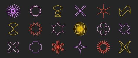 Outline stars, flowers, crosses shapes set. Primitive linear geometric forms collection in Swiss, bauhaus, Memphis style on dark background. Element bundle for poster, banner, collage, sign vector