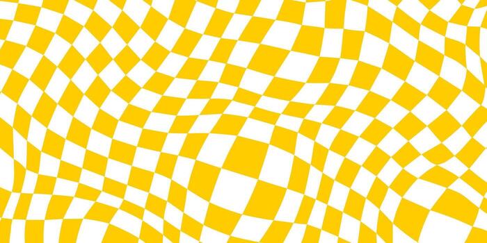 Trippy checkerboard background. Yellow retro psychedelic checkered wallpaper. Wavy groovy chessboard surface. Distorted and twisted geometric pattern. Abstract backdrop vector