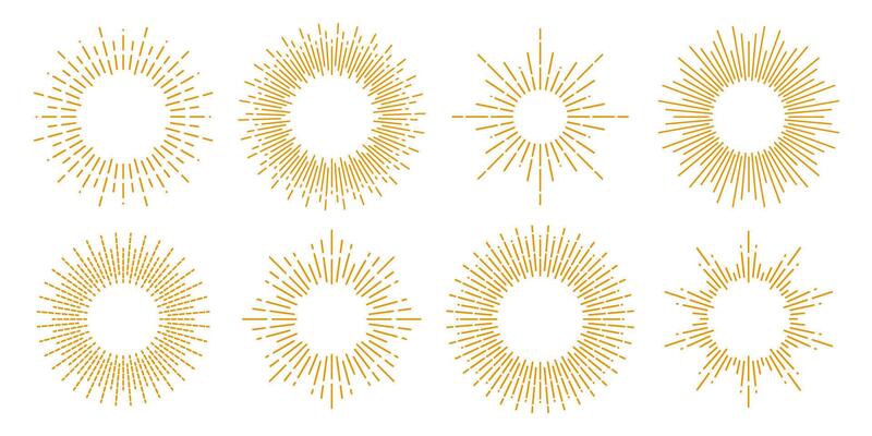Gold sunburst frames set. Retro sun light rays element collection. Vintage golden radial rays, sunbeams, firework or explosion for emblem, logo, tag, stamp, banner, sticker