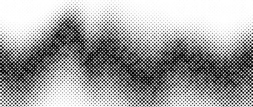 Halftone wave gradient texture. Faded noise grain wallpaper. Black and white grunge grit surface. Pixelated speckles, dots and particles backdrop overlay vector