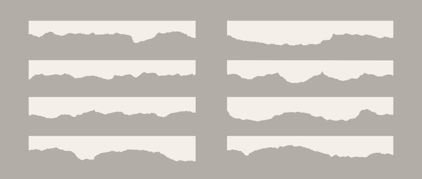 Torn thin and long pieces of paper. Cutout material strip with jagged edges. Ripped horizontal fragments collection. Textured grunge element bundle for collage, text box, banner, sticker. vector