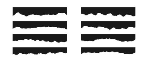 Torn long pieces of paper set. Black paper strips with jagged and even edges. Ripped horizontal fragment collection. Textured grunge element bundle for collage, textbox, banner, sticker vector