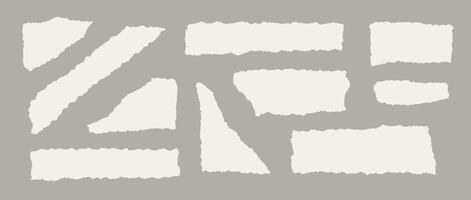 Set of torn paper pieces. Beige shapes with jagged edges. Ripped different fragments collection. Textured grunge element bundle for collage, text box, banner, sticker, poster. vector