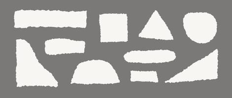 Torn paper pieces. Beige shapes with jagged edges. Ripped different fragments collection. Textured grunge element bundle for collage, text box, banner, sticker, poster. vector