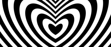 Abstract hypnotic heart background. Valentines optical illusion pattern. Black and white heart-shaped op art design for poster, banner, template. horizontal wallpaper vector