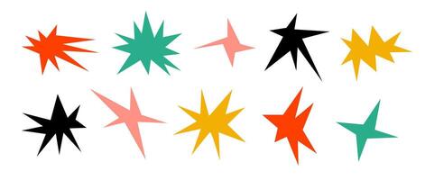 Colorful sharp shapes collection. Bright irregular sparks and twinkles set. Abstract edgy sparkle and stars elements pack. Asymmetry angular forms bundle for banner, collage, poster, sticker. vector
