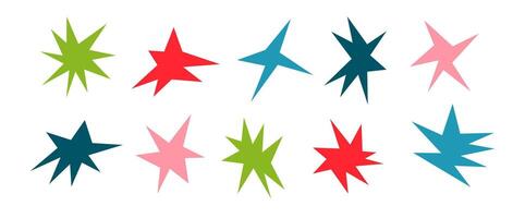 Colorful sharp shapes collection. Bright irregular sparks and twinkles set. Abstract edgy sparkle and stars elements pack. Asymmetry angular forms bundle for banner, collage, poster, sticker vector