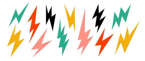 Colorful lightning bolt set. Bright thunderbolt collection. Flash symbols in cartoon colors. Lightning strike signs. vector