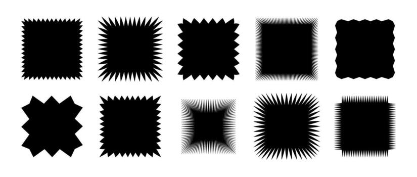 Zig zag edge square shape collection. Jagged patch set. Black graphic design elements for decoration, banner, poster, template, sticker, badge vector