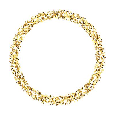 Golden confetti circle frame. Glowing dotted glitter background. Simple gold dots round form. Sparkling halftone ring. Christmas decoration element.