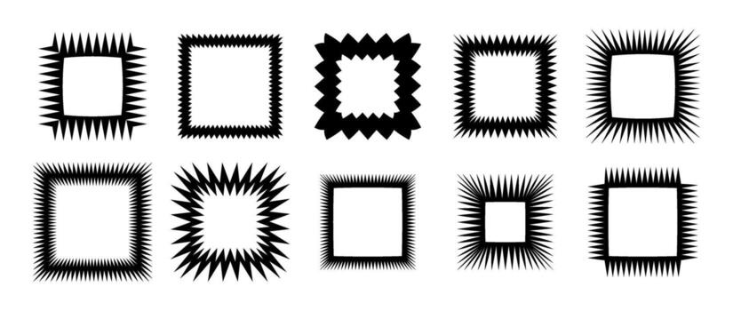 Zig zag edge square frame collection. Jagged shapes set. Black graphic design elements for decoration, banner, poster, template, sticker, badge. vector