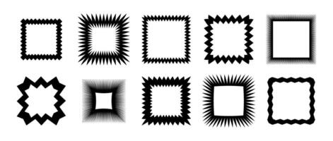 Zig zag edge square frames collection. Jagged shapes set. Black graphic design elements for decoration, banner, poster, template, sticker, badge. vector