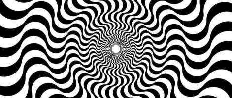 Optical illusion background. Black and white abstract distorted wavy lines surface. Radial waves poster design. Trippy sunburst illusion wallpaper. Horizontal hypnotic illustration vector