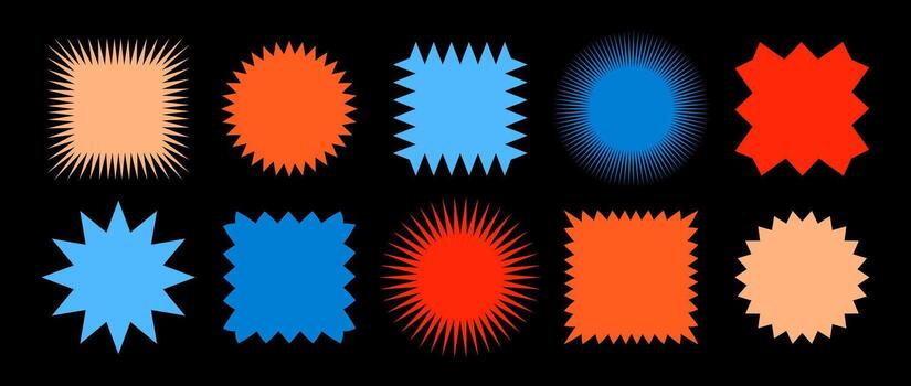 Colorful zig zag edge square and circle shapes collection. Jagged patches set. Bright graphic design elements for decoration, banner, poster, template, sticker, badge vector