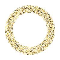 Golden confetti circle frame. Glowing dotted glitter background. Gold dots round form. Sparkling halftone ring. Christmas decoration element vector